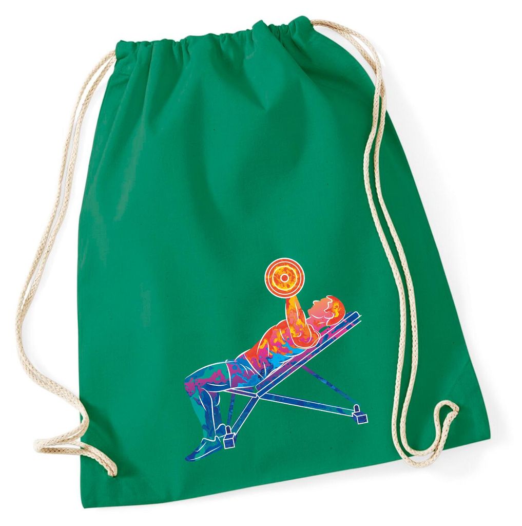 Huuraa Turnbeutel Fitness Training Bench Press bunte Silhouette 12 Liter Kelly Green Baumwolle Rucksack Geschenkidee