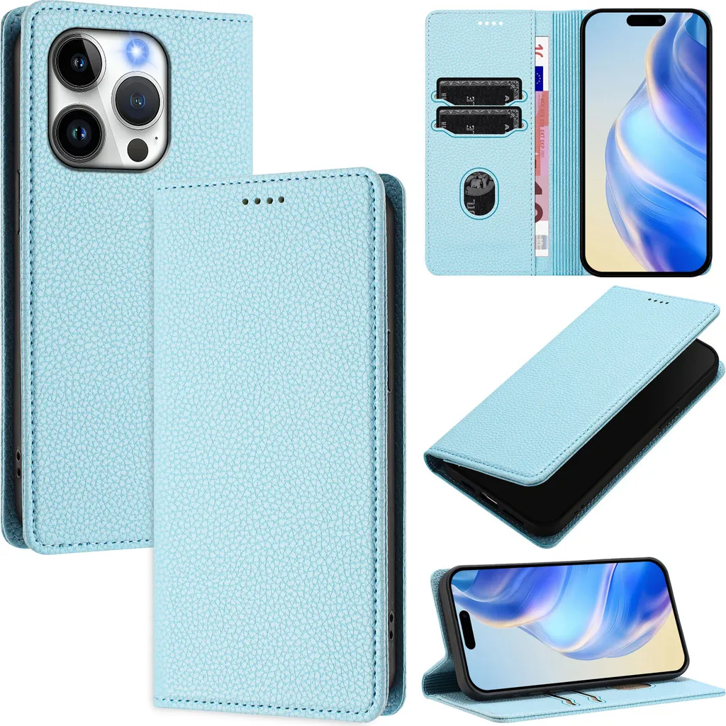 Custodia iPhone 15 Pro Pelle Litchi Azzurro: Protezione Portafoglio Premium
