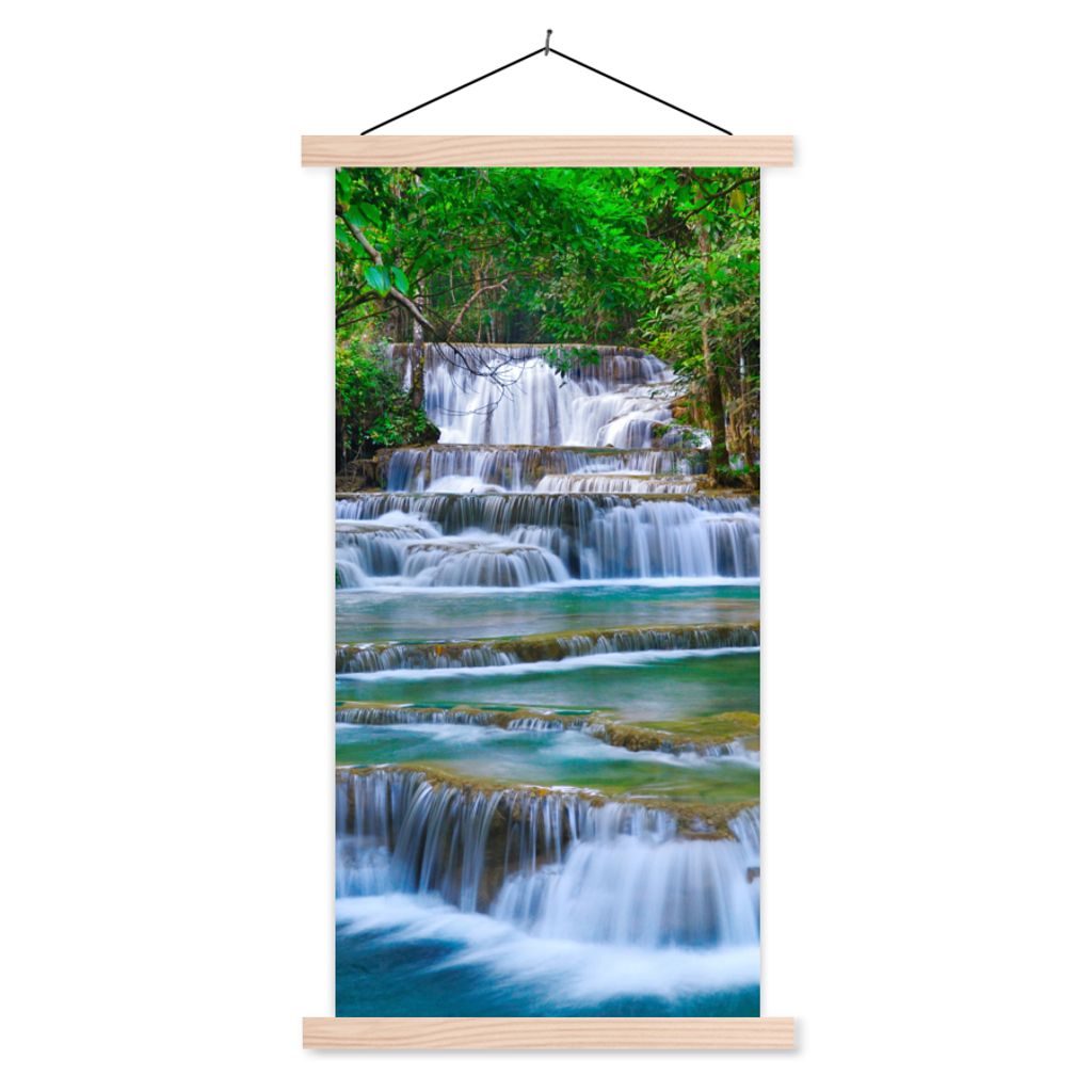 MuchoWow Textilposter Wasserfall - Bäume - Natur - Dschungel 60x120 cm mit holzfarbenen Rahmen - Holz