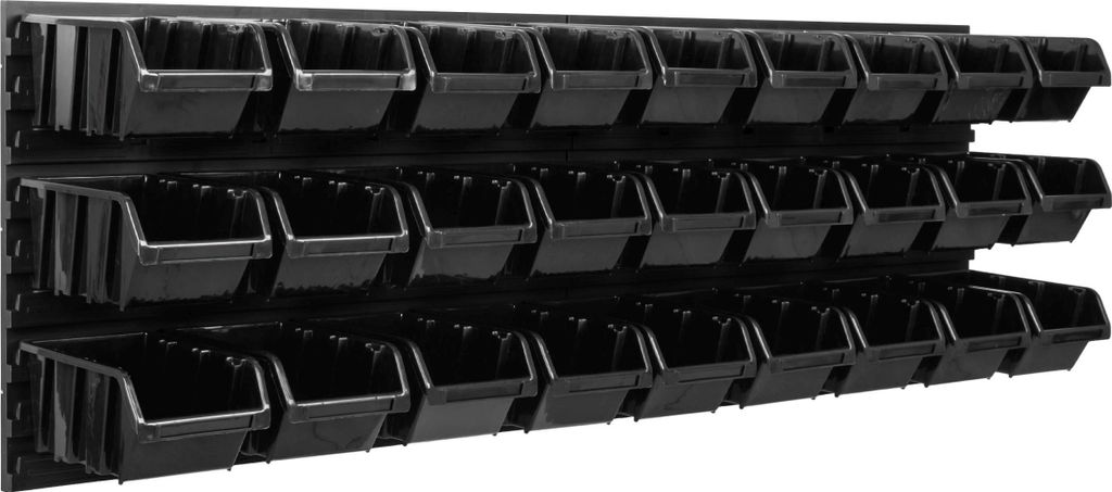 Lagersystem Werkstattregal | 115 x 39 cm | 27 stck. Box | Wandregal mit Stapelboxen - Wandplatten Extra Starke Schüttenregal Warkzeuglochwand Lage...