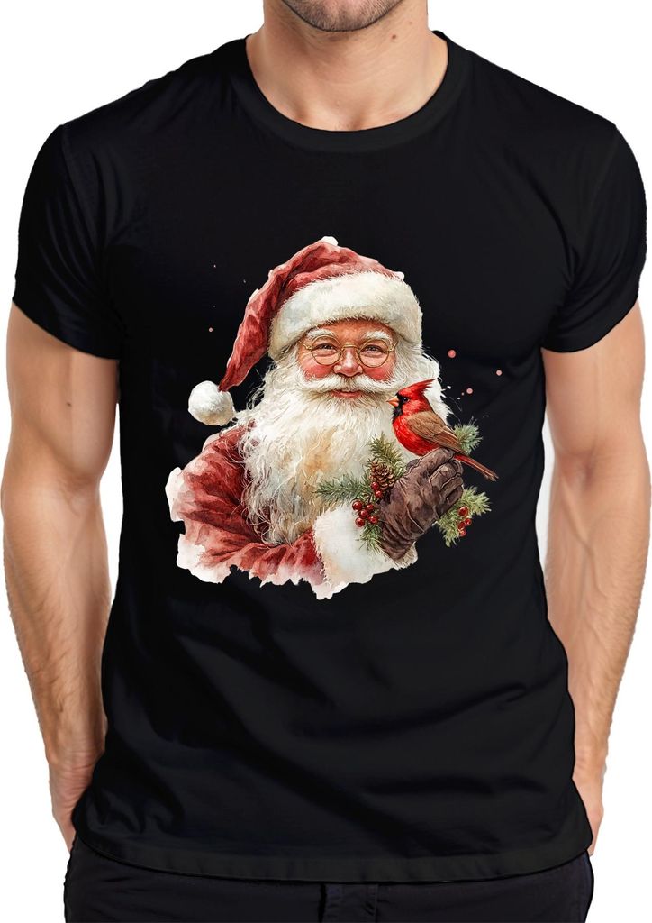 Weihnachtsmann mit Kardinalvogel Tannenzweig Aquarell Vintage Herren T-Shirt, Schwarz, S
