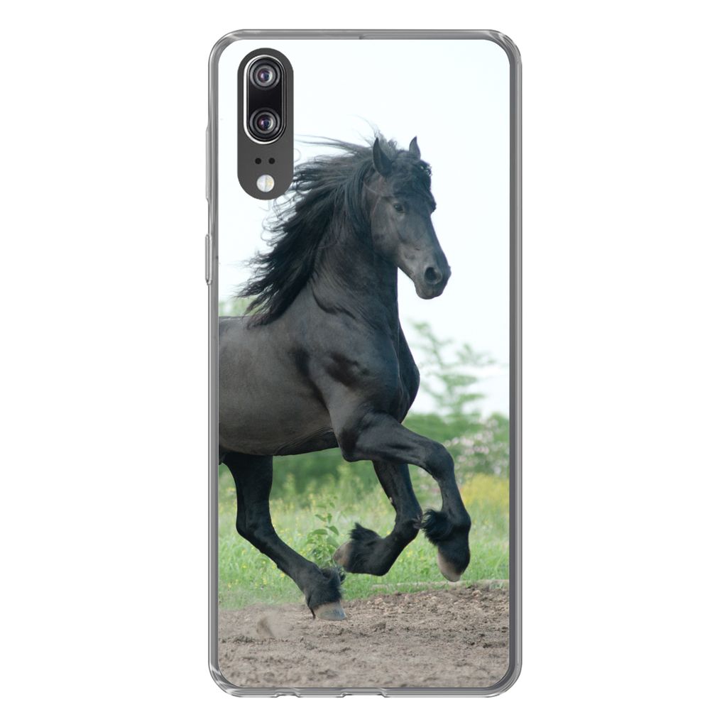 MuchoWow Handyhülle Schutzhülle Hülle für Huawei P20 Pferd - Schwarz - Natur Silikon Softcase Handy Hülle - Hardcover