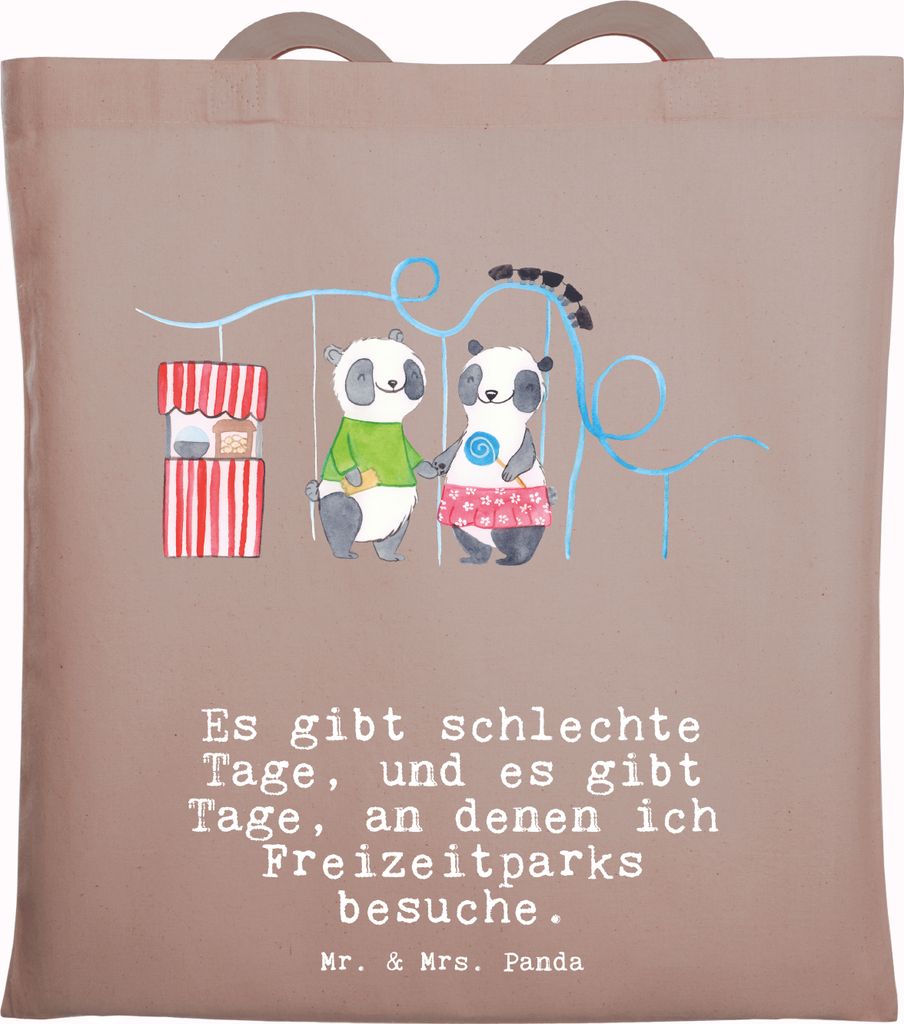 Mr. & Mrs. Panda Stoffbeutel Pandas Freizeitpark besuchen - Braun Pastell - Geschenk, Tote Bag, Schultasche, Laptoptasche, Shopping Tasche, Achterb...