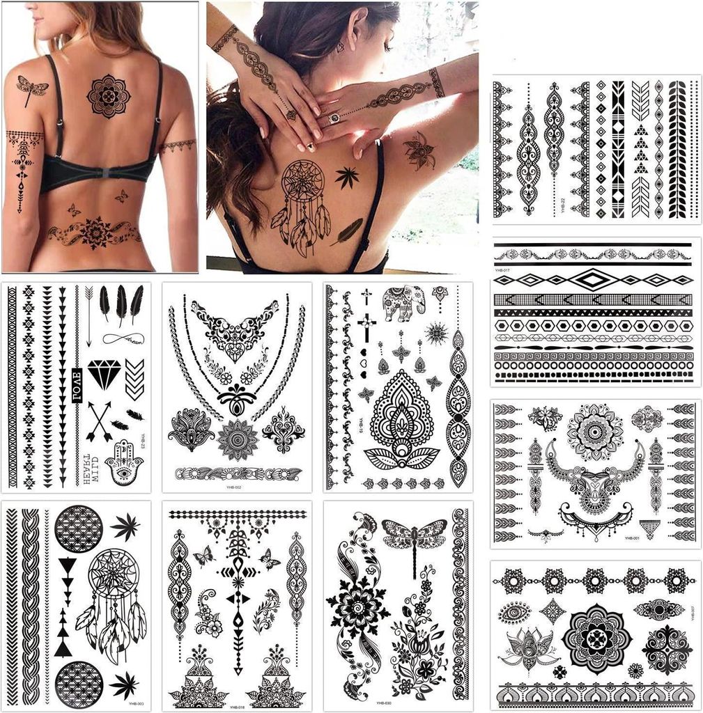 Temporäres Henna Tattoo Aufkleber Set für Frauen (10 Produktbild 