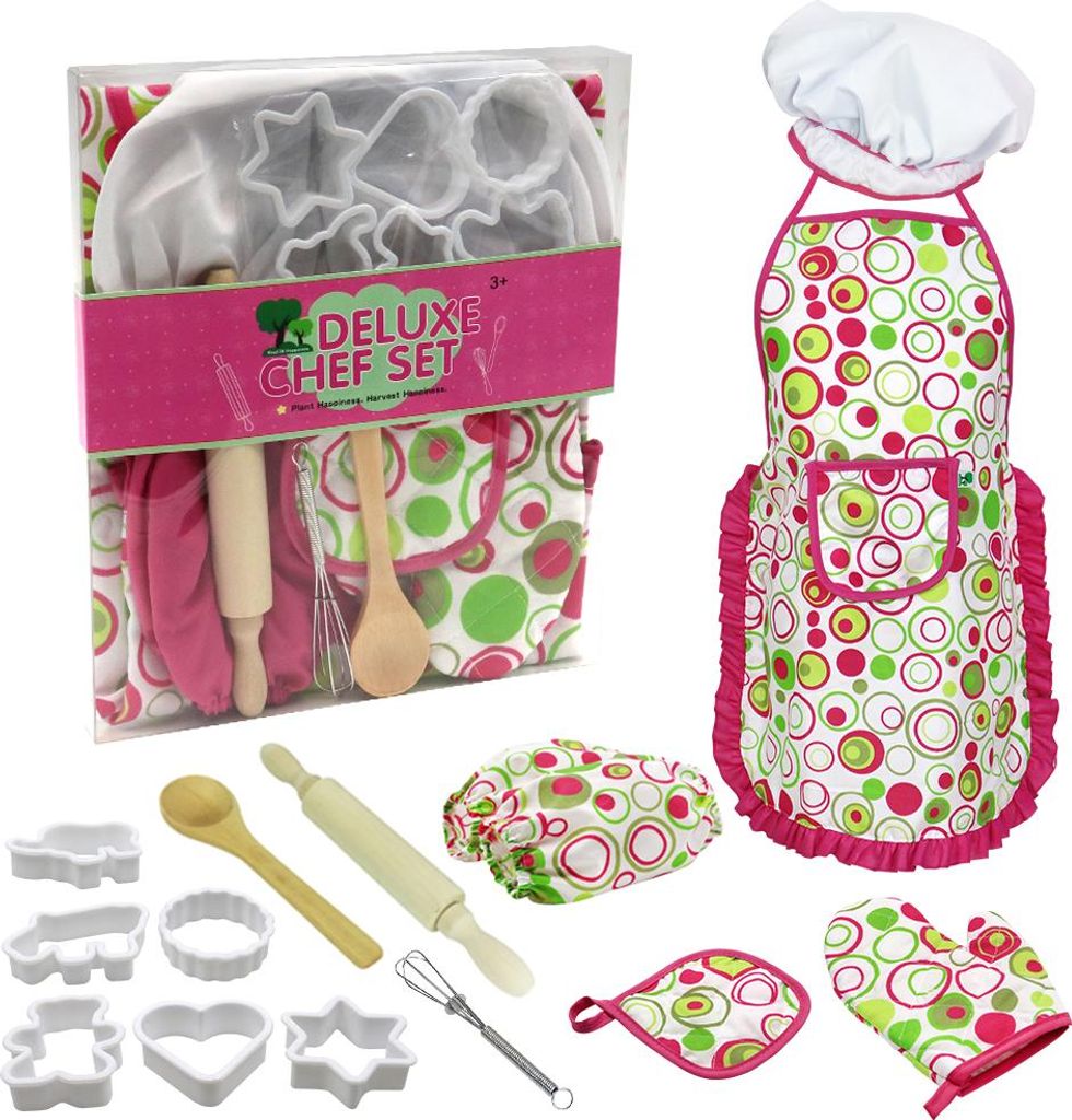 Kinderkoch- und Backset 15 PCS mit Kochmuetze Schuerze Ofenhandschuh Oversleeves Kuechenutensilien Kinderkoch Rollenspielset Lerngeschenk fuer Maed...