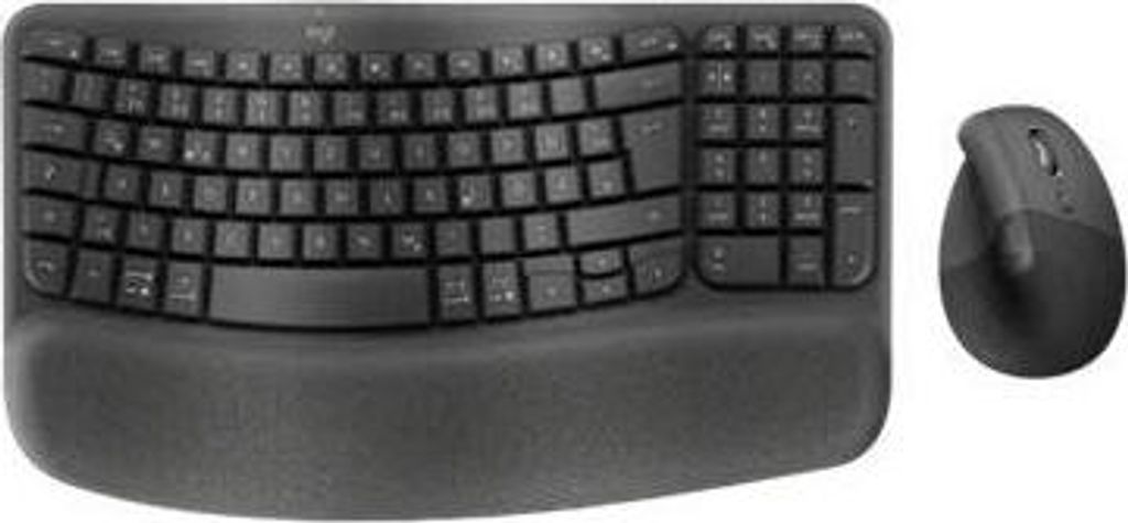 A black ergonomic keyboard and a black vertical mouse are shown on a white background.