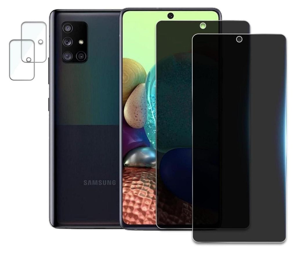 A Samsung Galaxy A71 phone with screen protectors.