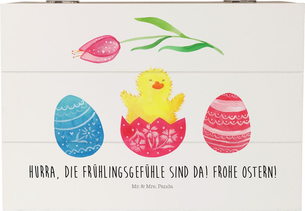 Mr. & Mrs. Panda Holztruhe Küken Schlüpfen 22 x 15 cm - Weiß - Geschenk, Ostern, schmuckkiste, Grüße, Ostergrüße, Holzkiste, Truhe, Box, Hol...