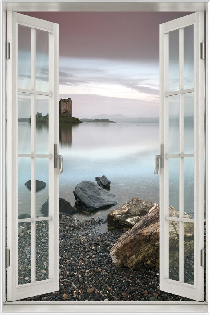 Wallario Wandbild mit Fenster-Illusion: Schloss in Schottland, Größe: 61 x 91,5 cm, Poster mit weißem Aluminiumrahmen