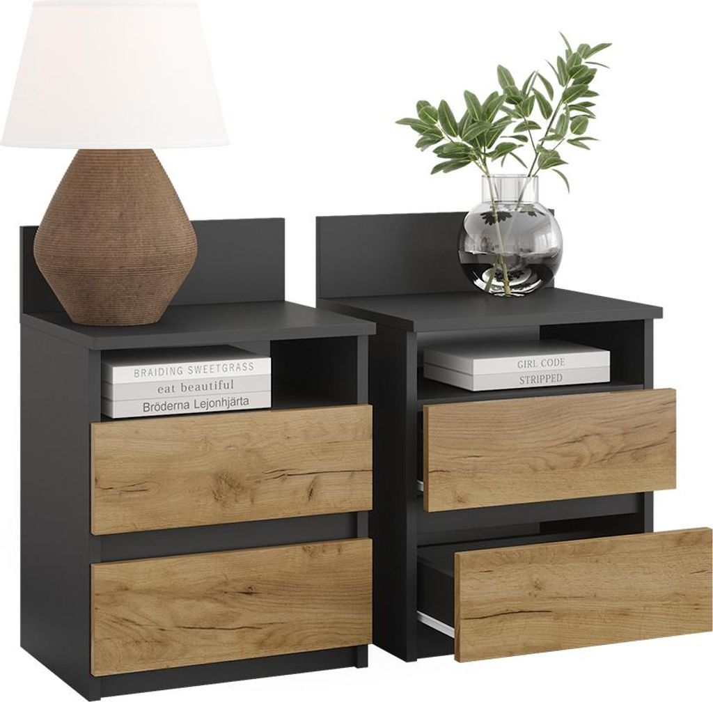 Nachttisch Vicco Monty Anthrazit/Goldkraft Eiche 2er Set, Produktbild 