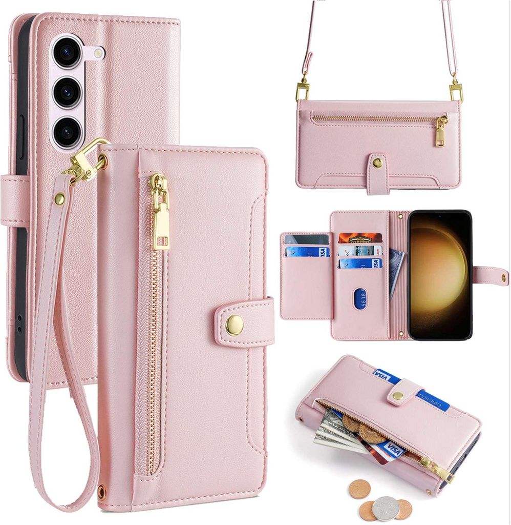 Handykette Samsung Hülle mit Band Handyhülle Kartenfächer Kunstleder Umhängetasche Galaxy S23+ Rosa