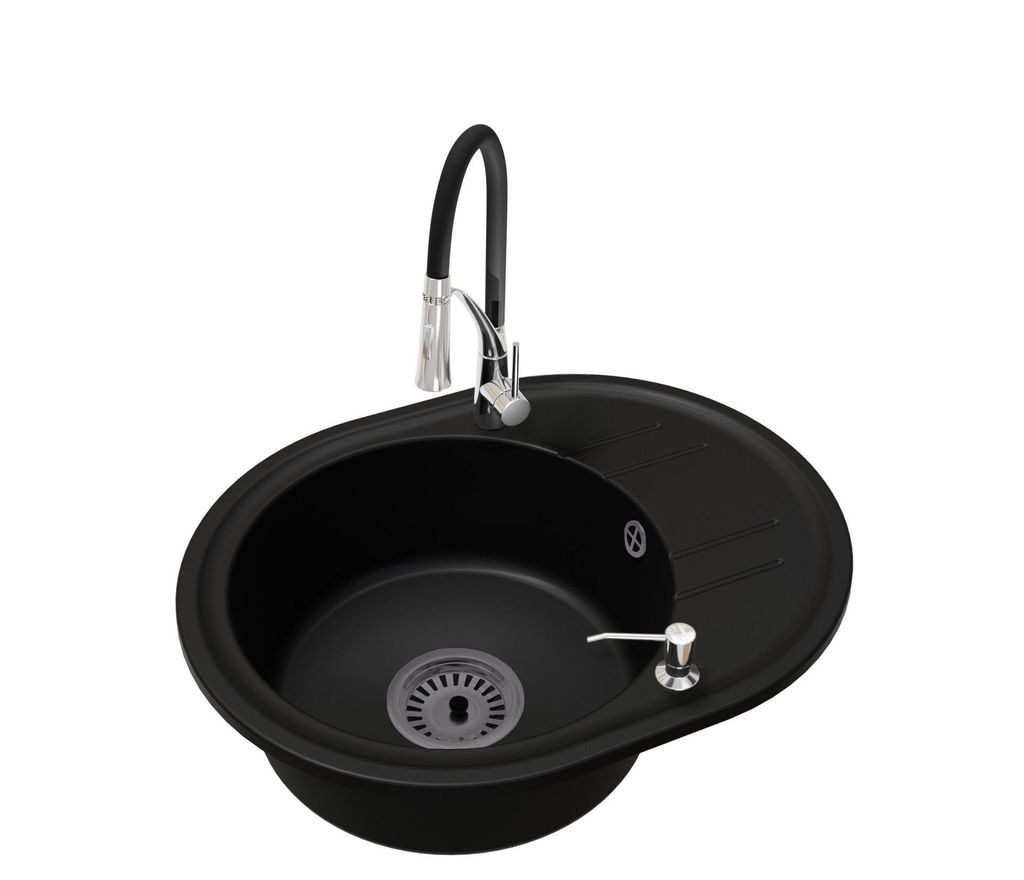 Küchenspüle Einbecken Bella mit schwarzem Siphon, Nexo Armatur und Seifenspender