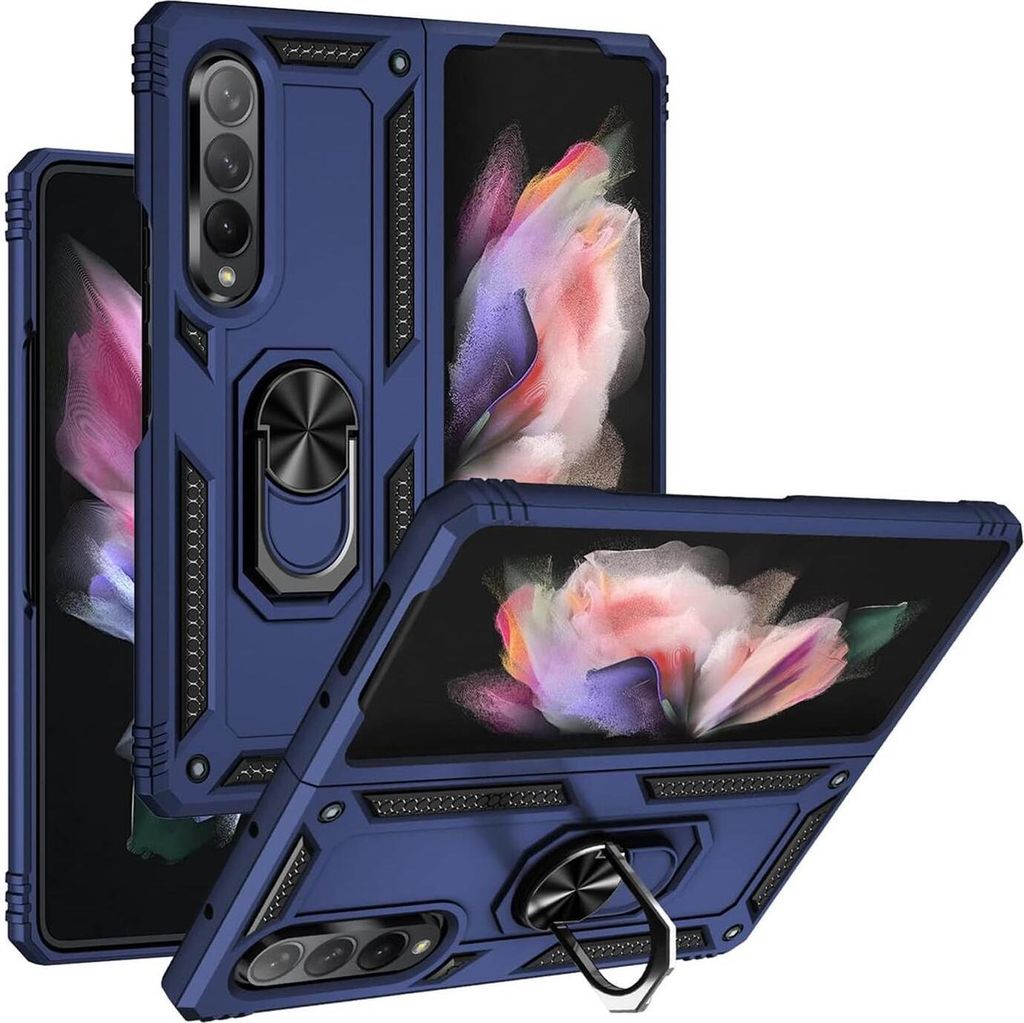 Conie Outdoor Schutzhülle für Samsung Galaxy Z FOLD 4 Tasche Silikon Hard Case Cover Hülle mit Halter Ständer in Blau