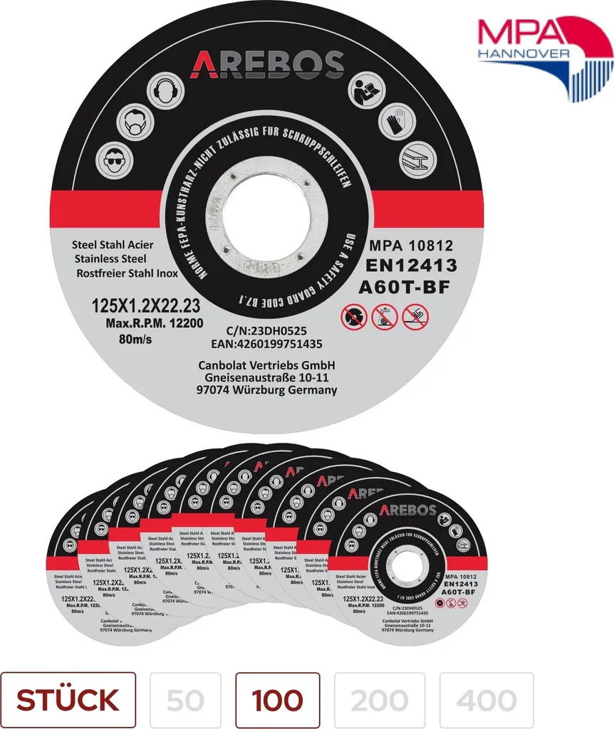 Arebos 100 Dischi Taglio 125mm Acciaio Inox Metallo EN12413 Professionali