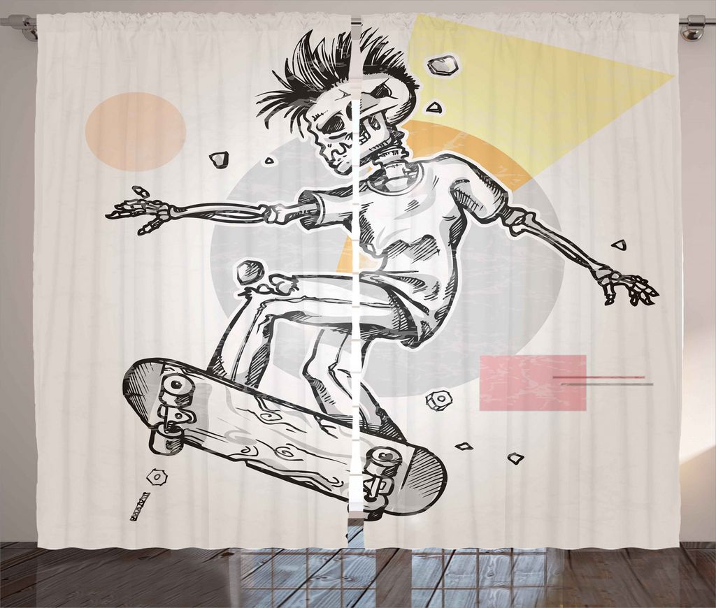 ABAKUHAUS Schädel Rustikaler Gardine, Skating Skeleton Boy, Schlafzimmer Kräuselband Vorhang mit Schlaufen und Haken, 280 x 245 cm, Pale Grau und...