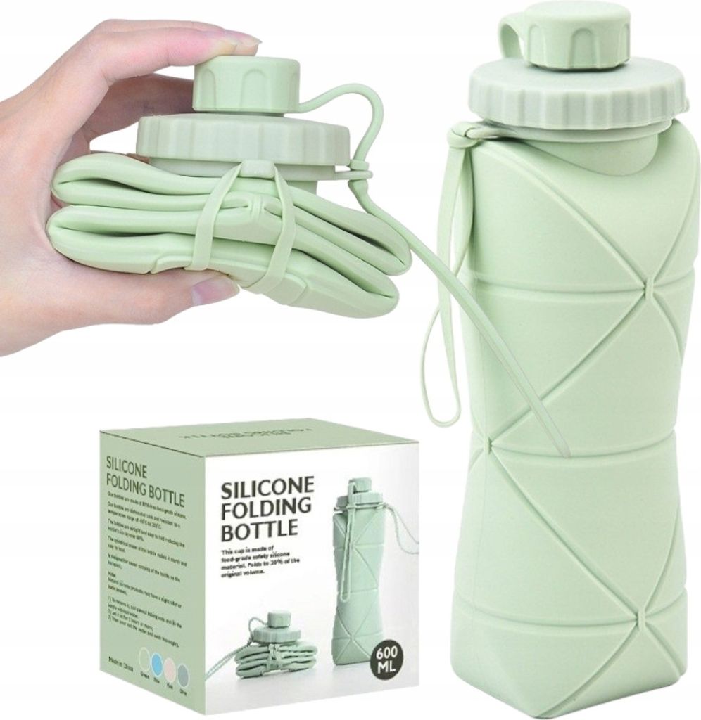 Faltbare Silikon-Wasserflasche 600 ml, grün, Produktbild 