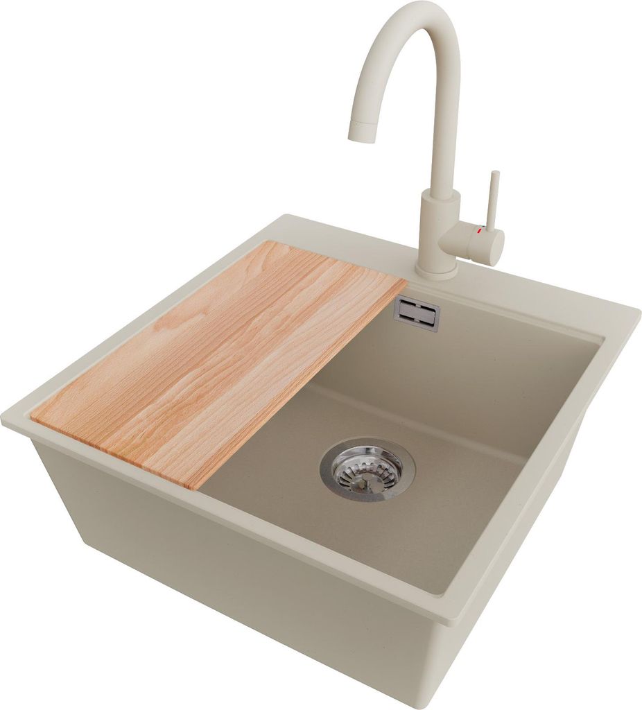 PRIMAGRAN Granitspüle Beige 48x50cm, Spülbecken 1 Becken + Küchenarmatur 32x20cm + Ablauf-Set + Schneidebrett, Küchenspüle ab 50er Unterschran...