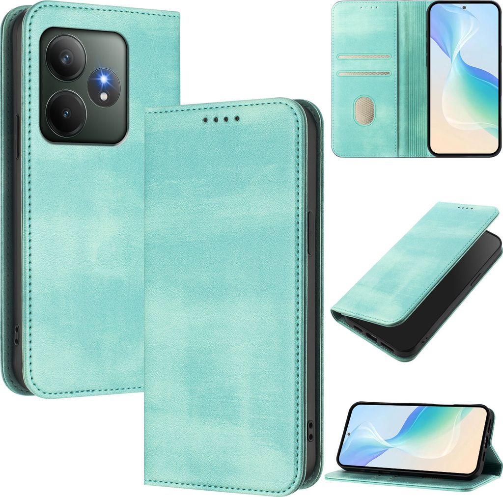 Handyhülle für Realme GT 6/Realme GT 6T, Vintage Leder RFID Schutz Kartenfach Standfunktion Magnetische Klapphülle Türkis