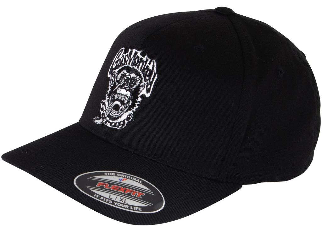 Gas Monkey Garage Logo Patch Baseball Cap von Flexfit, Offizieller Fanartikel, Schwarze Cap mit Affen-Patch, Hochwertiger Baumwoll-Polyester-Mix