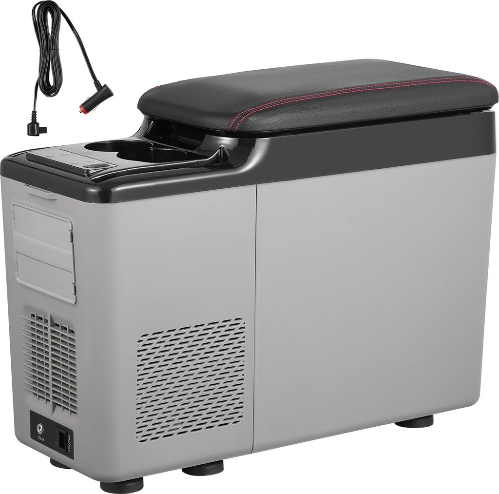 A portable car refrigerator with a black lid and red stitching, shown from a slightly elevated front-left angle.