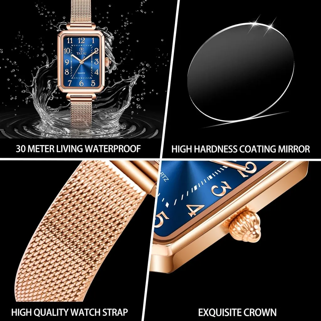 Orologio da donna Orologio da polso quadrato da donna con bracciale in acciaio inox a maglie Orologio rettangolare da donna Moda orologio da polso da donna Rosegold impermeabile elegante orologio al quarzo - 5