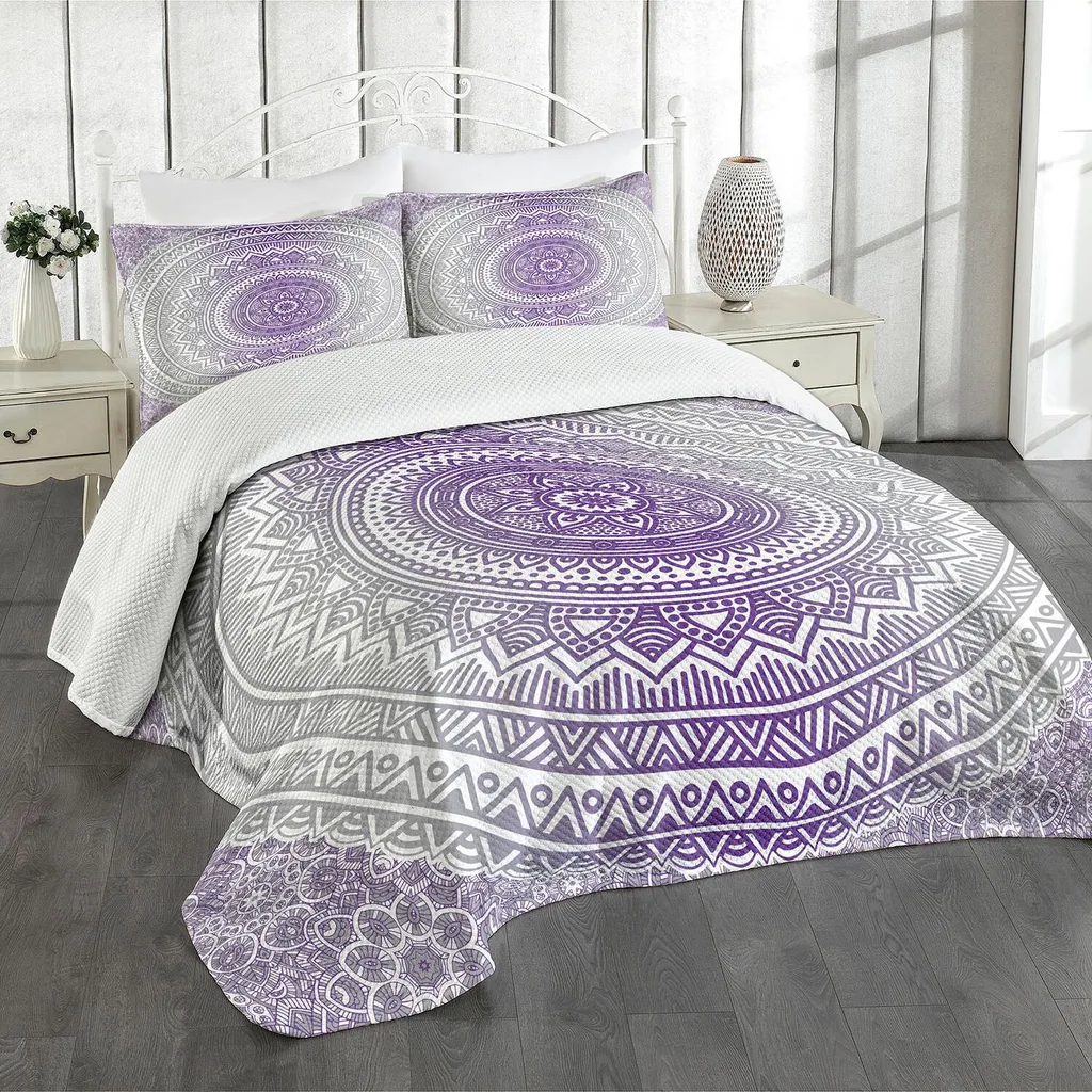 Copriletto Mandala Zen Boho 220x220 Grigio e Viola | Stile Orientale