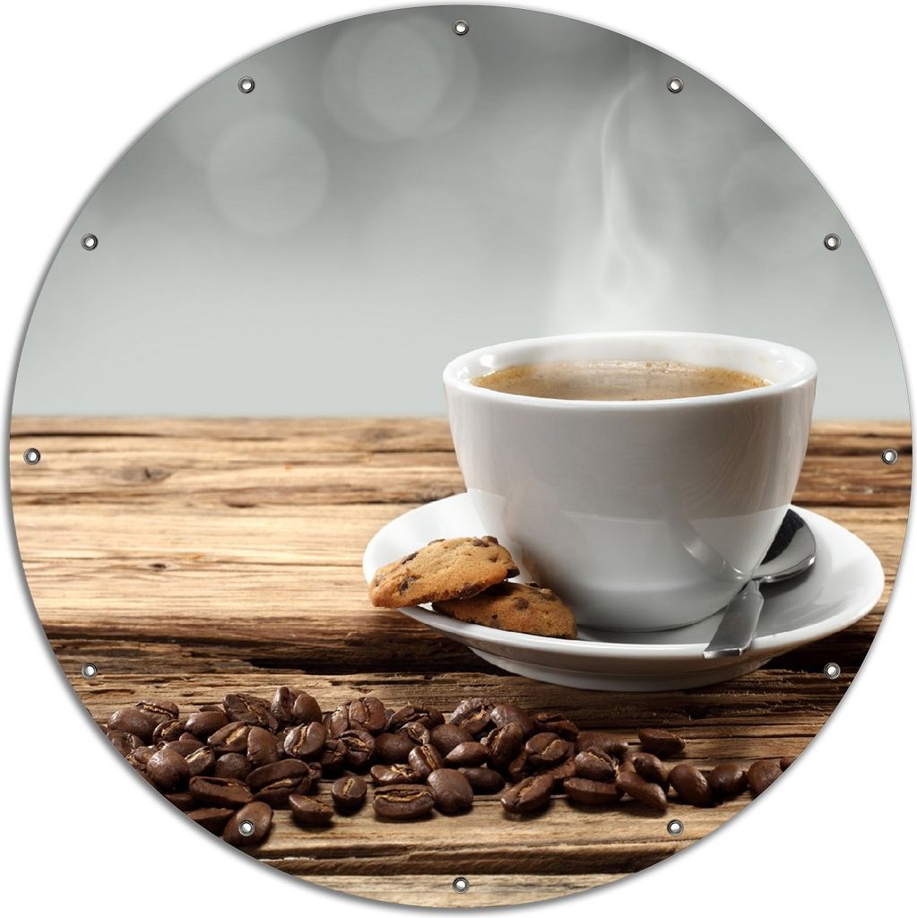Wallario rundes Outdoor-Poster für Garten oder Balkon, Motiv Heiße Tasse Kaffee mit Kaffeebohnen, 120 cm Durchmesser