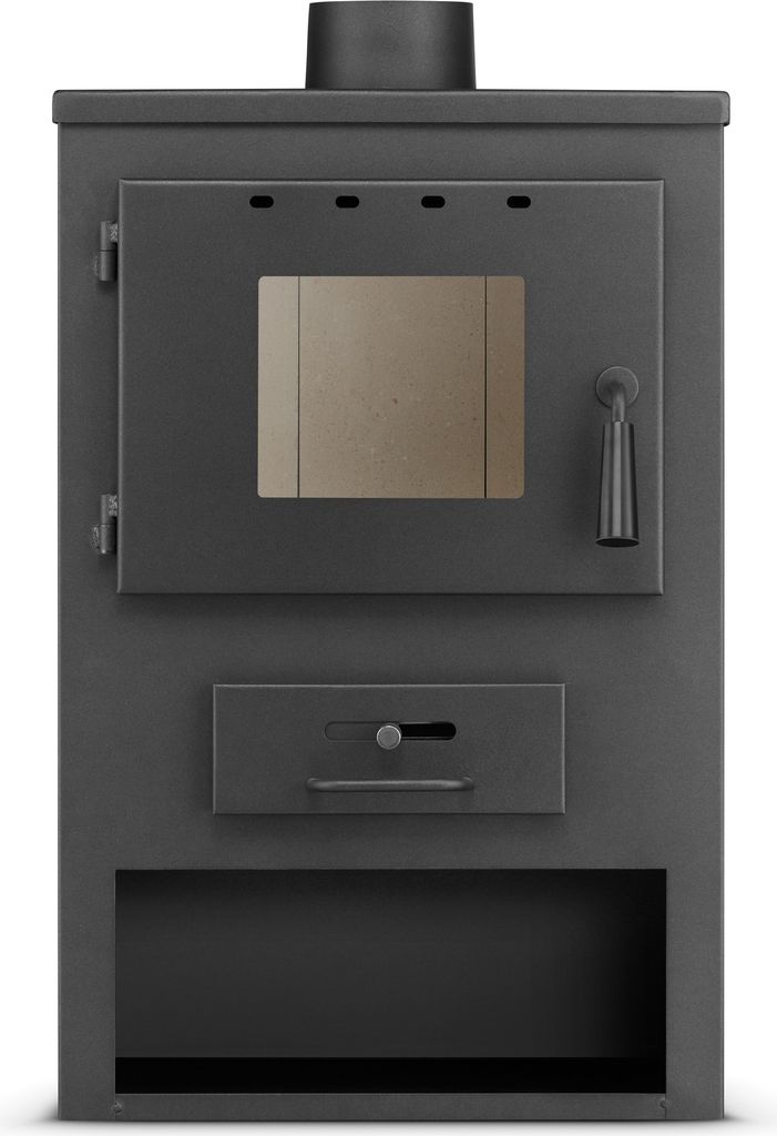 A front view of a dark gray wood-burning stove against a white background.