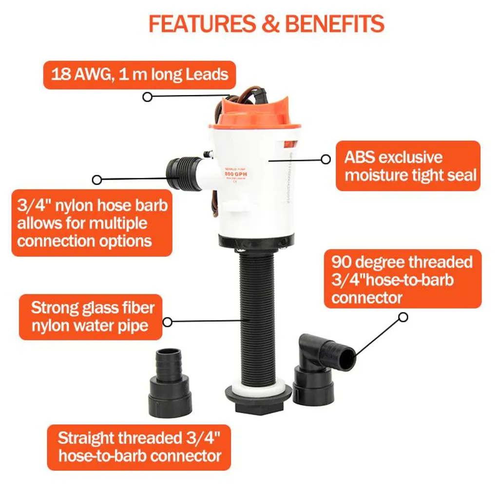 Pompe aération Livewell 800 GPH anticorrosion moteur refroidi à l'eau