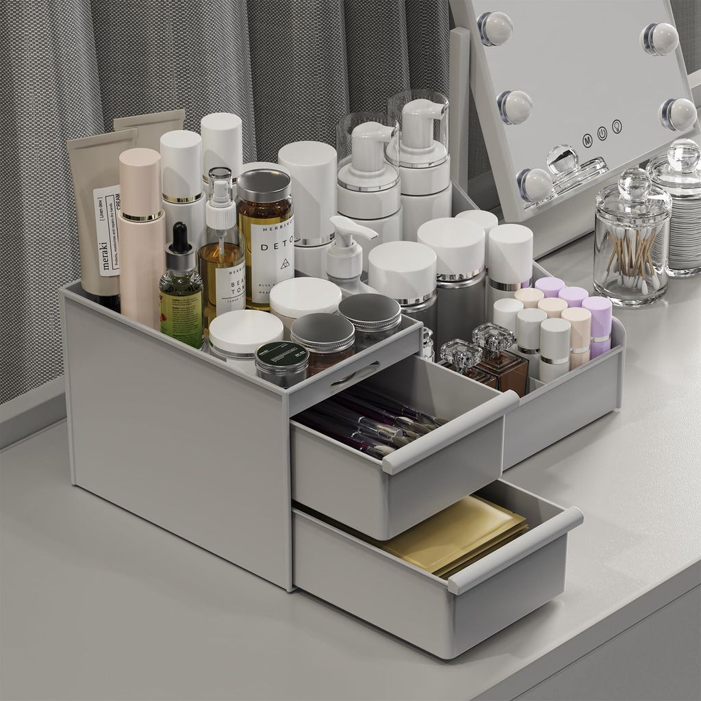 Schminkorganizer mit Schubladen, Aufbewahrungsbox für Schminktische, Organizer für Schlafzimmer und Badezimmer, großer Schminkorganizer (grau)