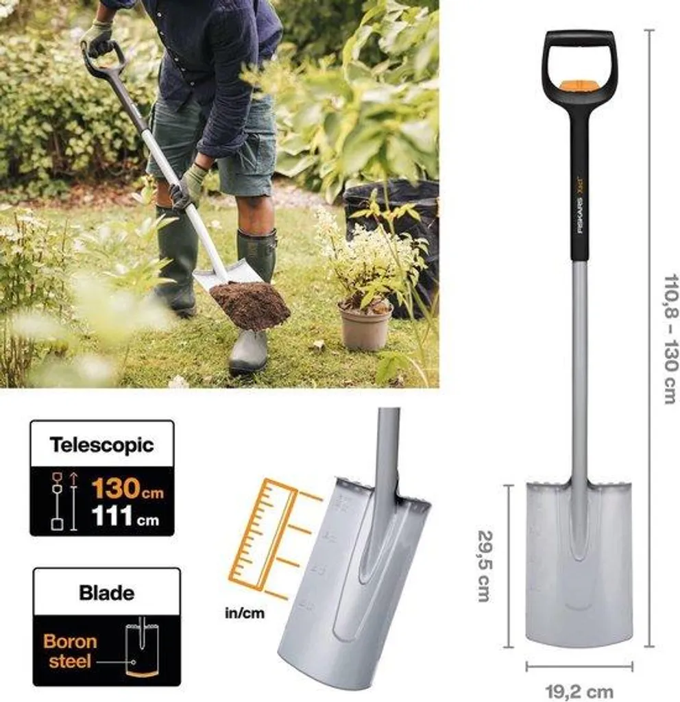 Pelle télescopique anti mal de dos 111-130 cm en acier noir et orange