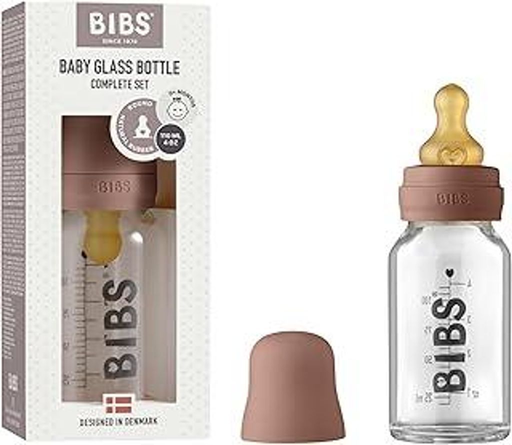 BIBS Baby Glass Bottle 110ml, Vermindert Koliken, Runder Sauger aus Naturkautschuklatex, Unterstützt das Stillen. Complete Set - 110 ml, Woodchuck