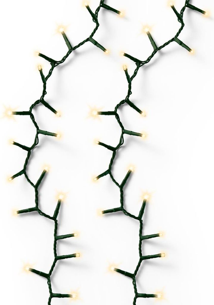 Two strings of LED lights are arranged diagonally on a white background.