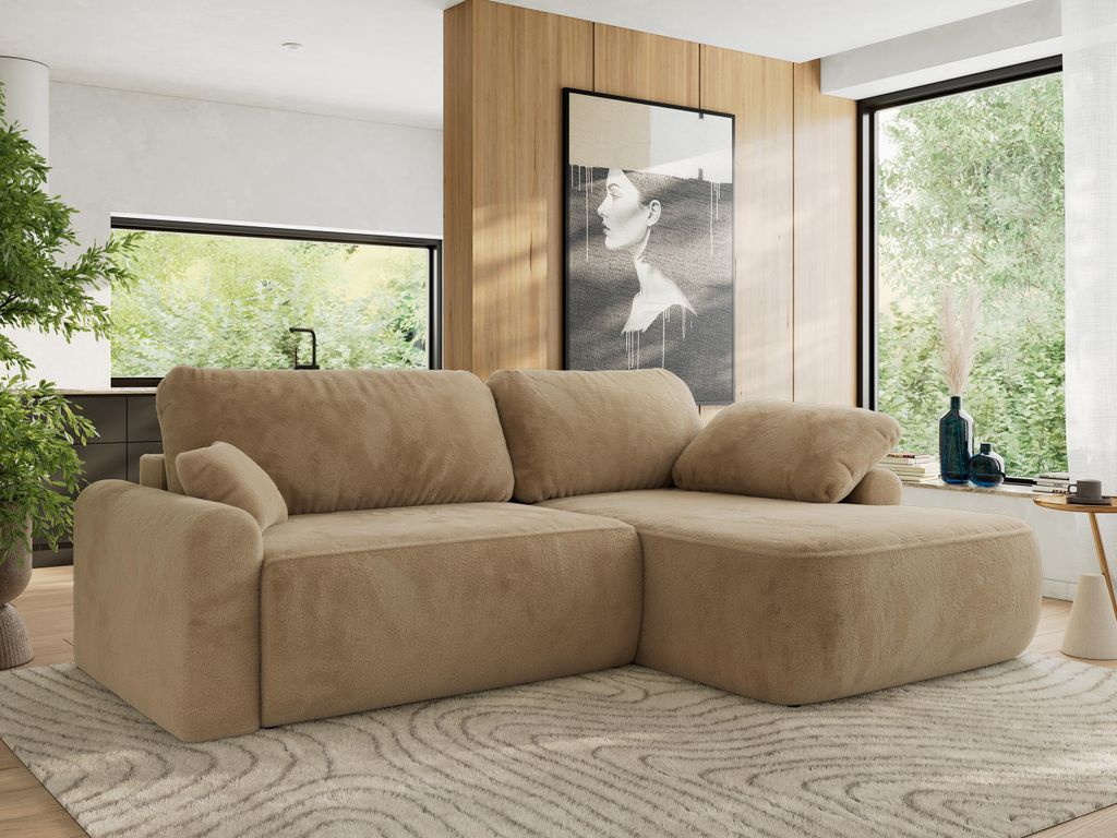 MKS MEBLE Ecksofa CUBO L-form, lose Kissen, Ecksofa 273x187x100 cm mit Schlaffunktion, Bettkasten - Beige Plüsch - Rechts Seite