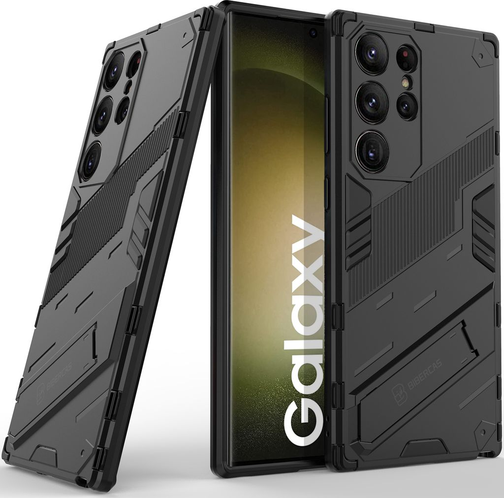 Armor Hülle für Samsung Galaxy S23 Ultra, Hybrid PC TPU Bumper Stoßfestes Schutzhülle mit Standfunktion Schwarz