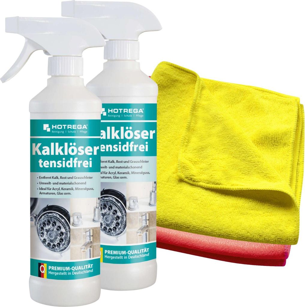 HOTREGA Kalklöser tensidfrei 2x 500 ml inkl. 2x Microfasertuch Micro Top, Entkalker, Badreiniger, Kalksteinentferner, Kalkreiniger