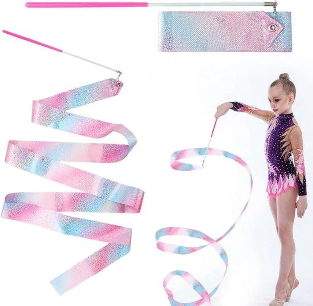 Lot de 2 bandes de gymnastique 2m rubans roses avec tiges métalliques
