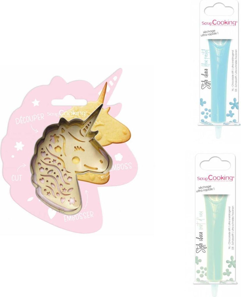 Einhorn-Relief-Plätzchen-Set + 2 pastellblaue und wassergrüne Schokoladenstifte