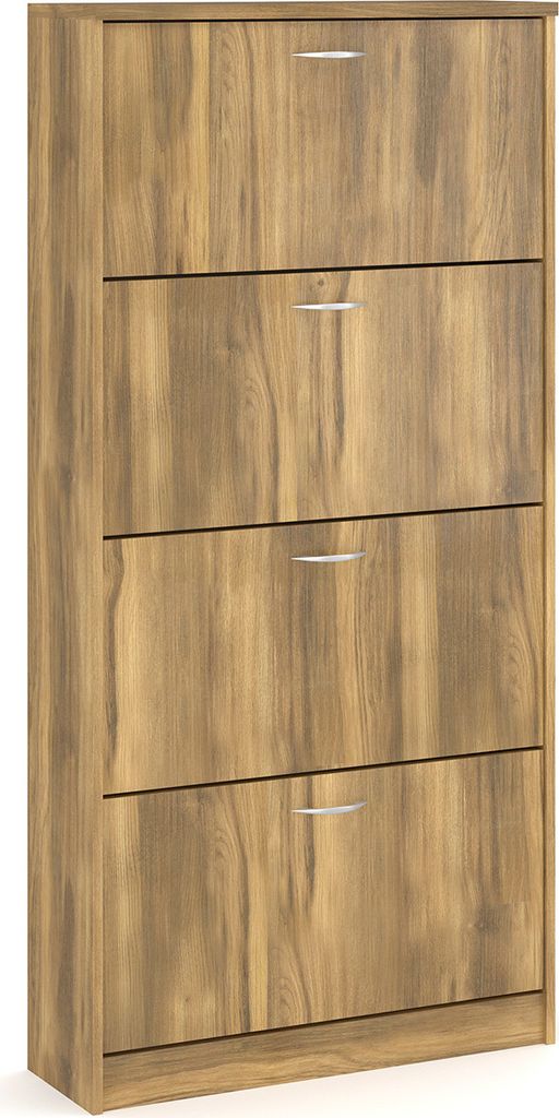 A tall, narrow wooden shoe cabinet with four flip-down doors.