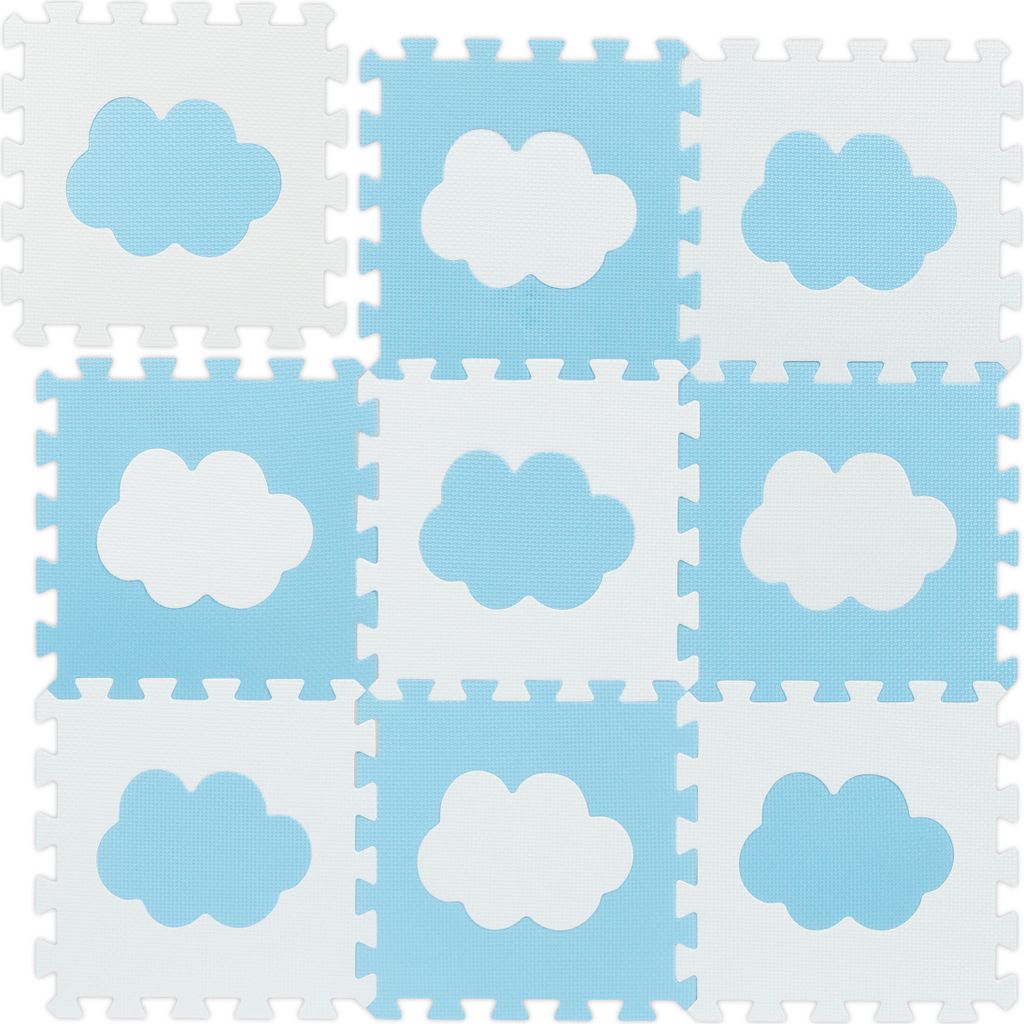 Relaxdays Puzzlematte Wolken-Muster, 18 Puzzleteile, aus schadstofffreiem EVA-Schaumstoff, BxT: 91,5 x 91,5 cm, weiß/blau