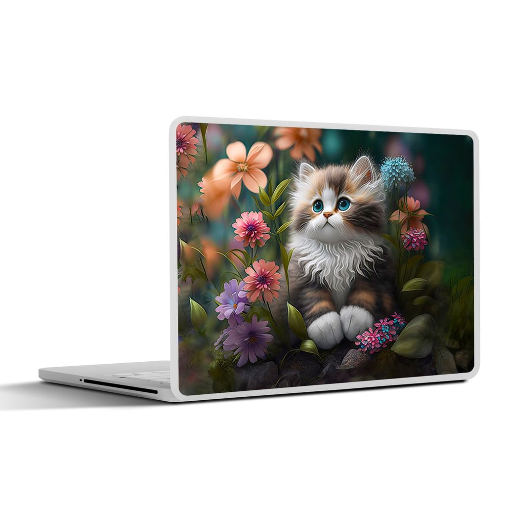 MuchoWow Laptop Aufkleber Sticker Cover Kätzchen - Illustration - Blumen - Natur - Katze 30x22 cm - Laptop-Sticker