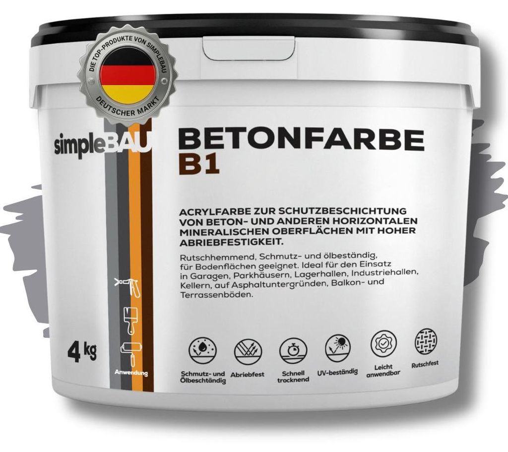 simpleBAU Betonfarbe B1 Grau 4 Kg, Garagenbodenbeschichtung, Betonfarbe Außen Frostsicher