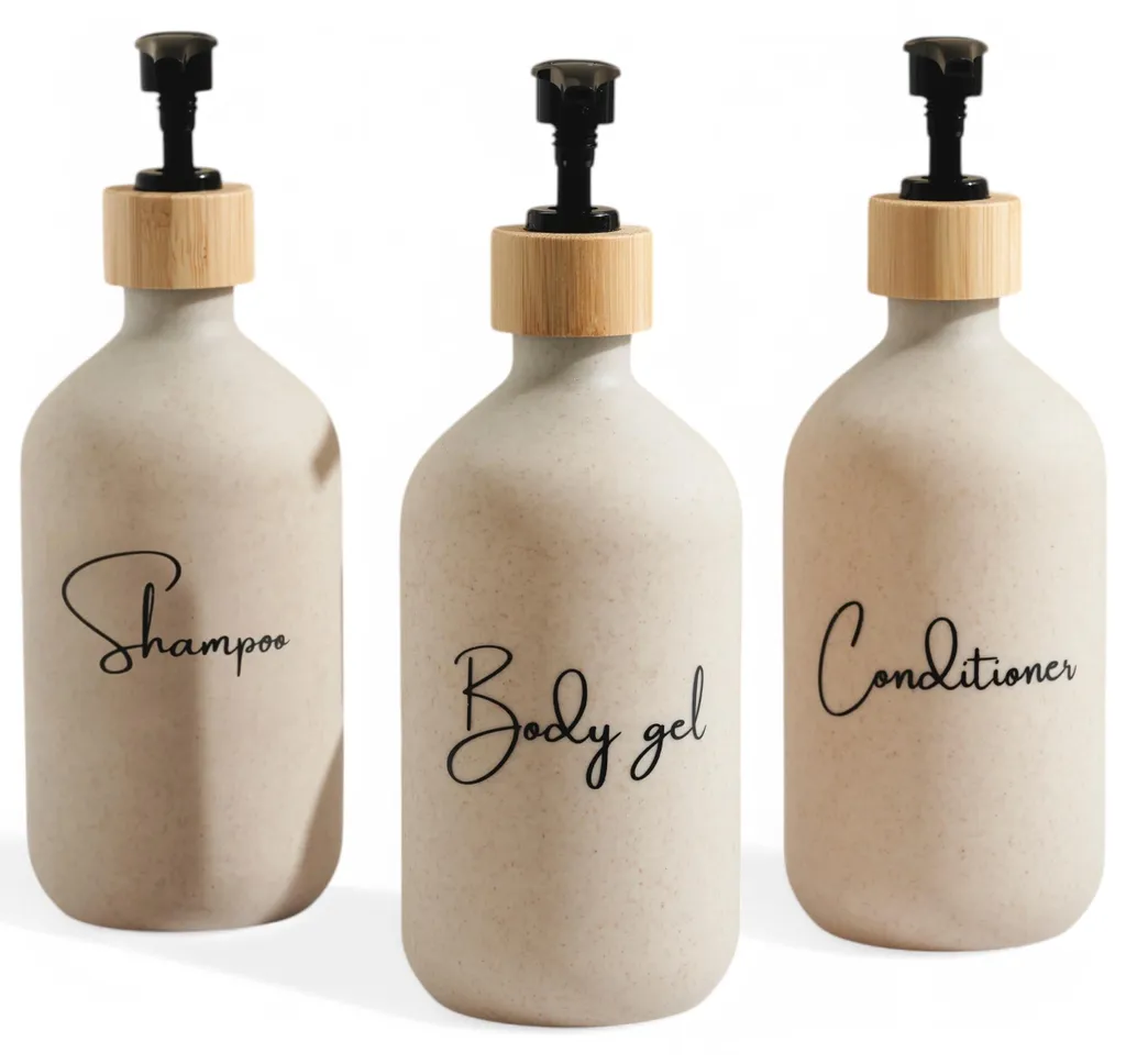 Lot de 3 distributeurs de savon beige 500ml et bambou pour la douche