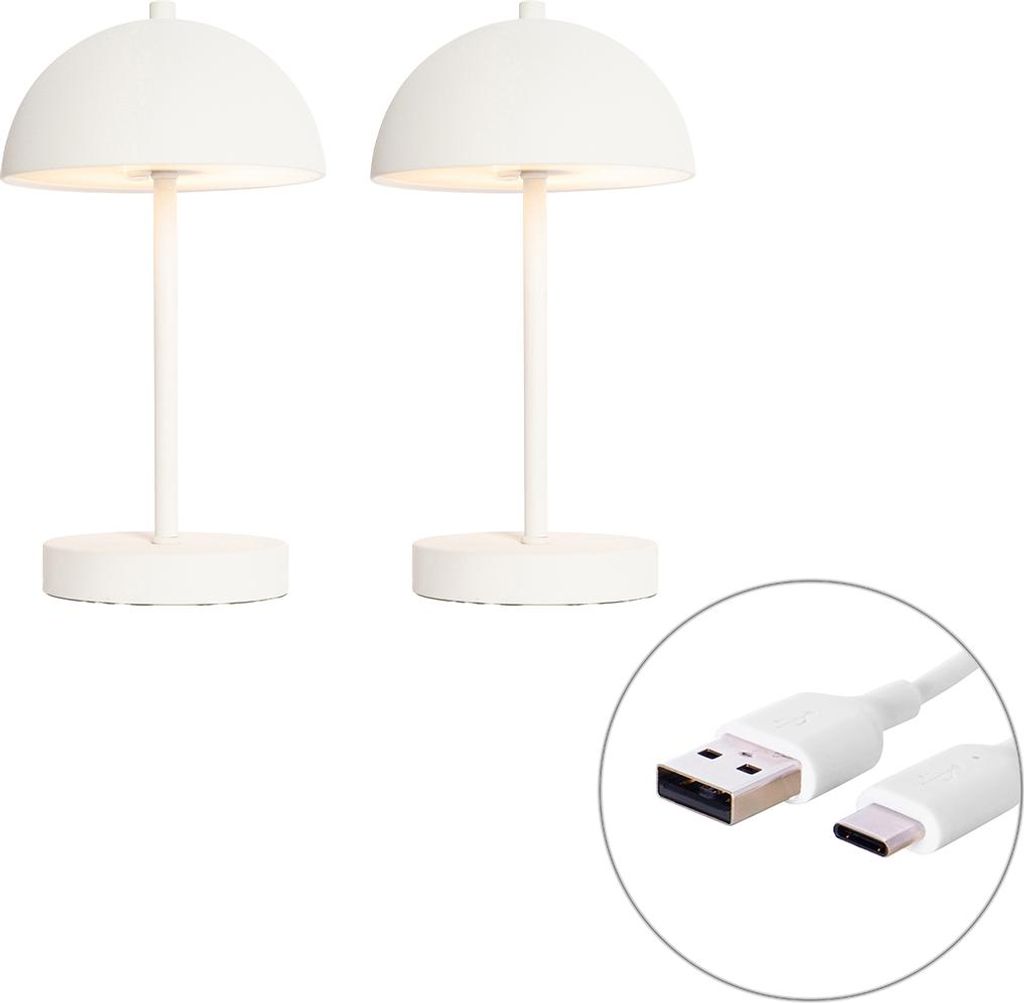 QAZQA - Modern Set mit 2 Outdoor-Tischlampen Pilz weiß wiederaufladbar - Keira Touch-funktion Dimmer I Dimmbar I Außenbeleuchtung - Kunststoff Ru...