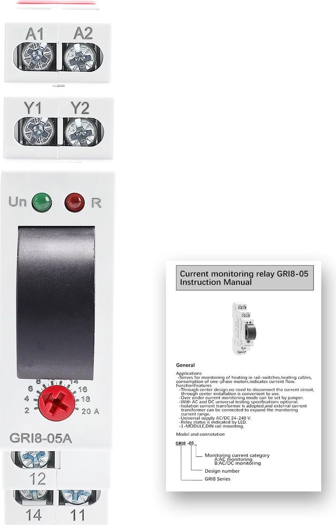 GRI8-05A AC Stromüberwachungsrelais mit einstellbarem Über- und Unterstromschutz, 2A-20A, 35mm DIN-Schienenmontage