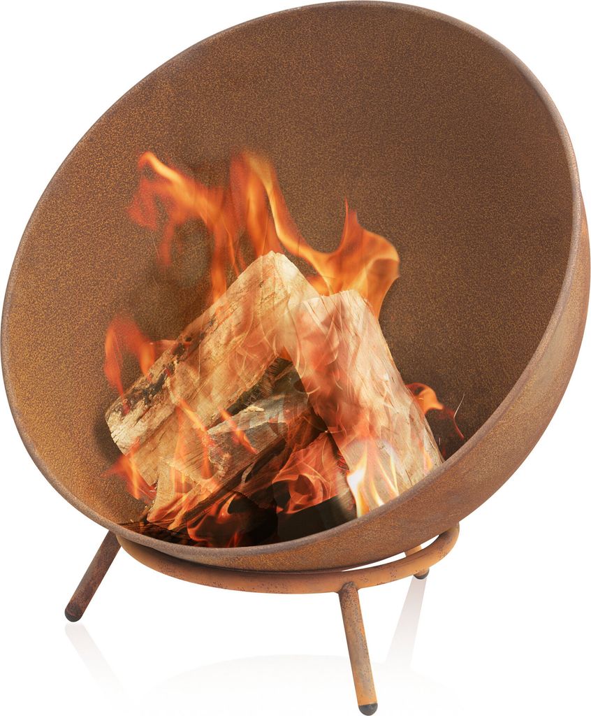 A round, rusty-looking fire pit with logs and flames inside, resting on three legs.