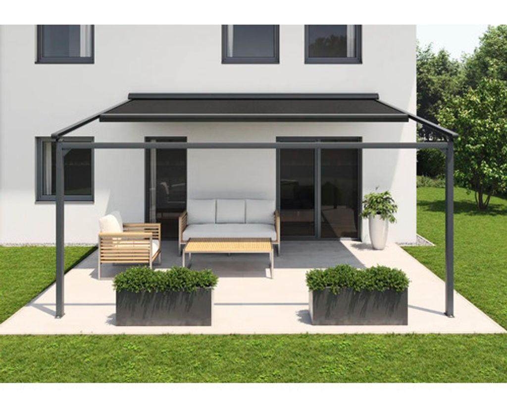 SOLUNA Pergola mit Stoffdach 4,5x2 Stoff Dessin 320994 Gestell RAL 7016 anthrazitgrau Antrieb Links inkl. Motor, Wandsch