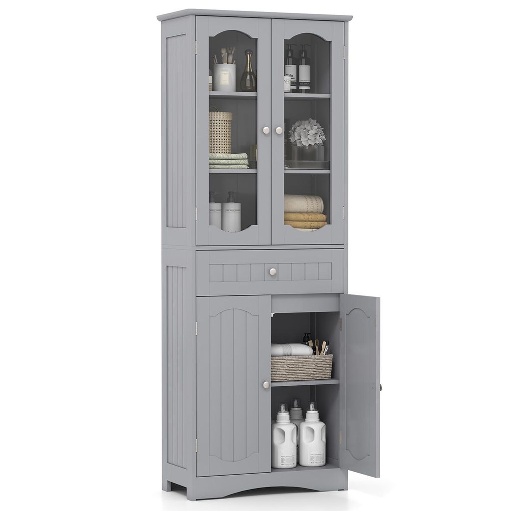 A tall, gray bathroom cabinet with glass doors and a drawer, standing against a white background.