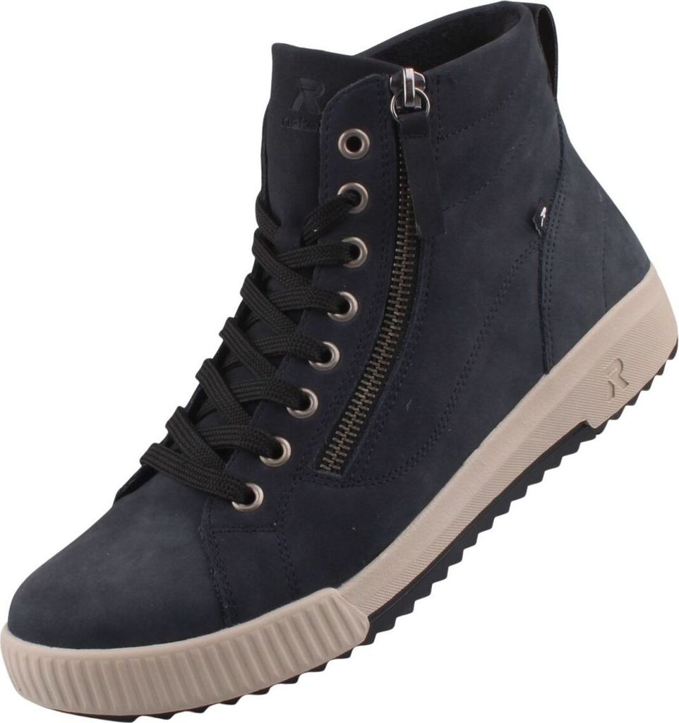 A single blue high-top sneaker with black laces and a beige sole, presented against a white background.