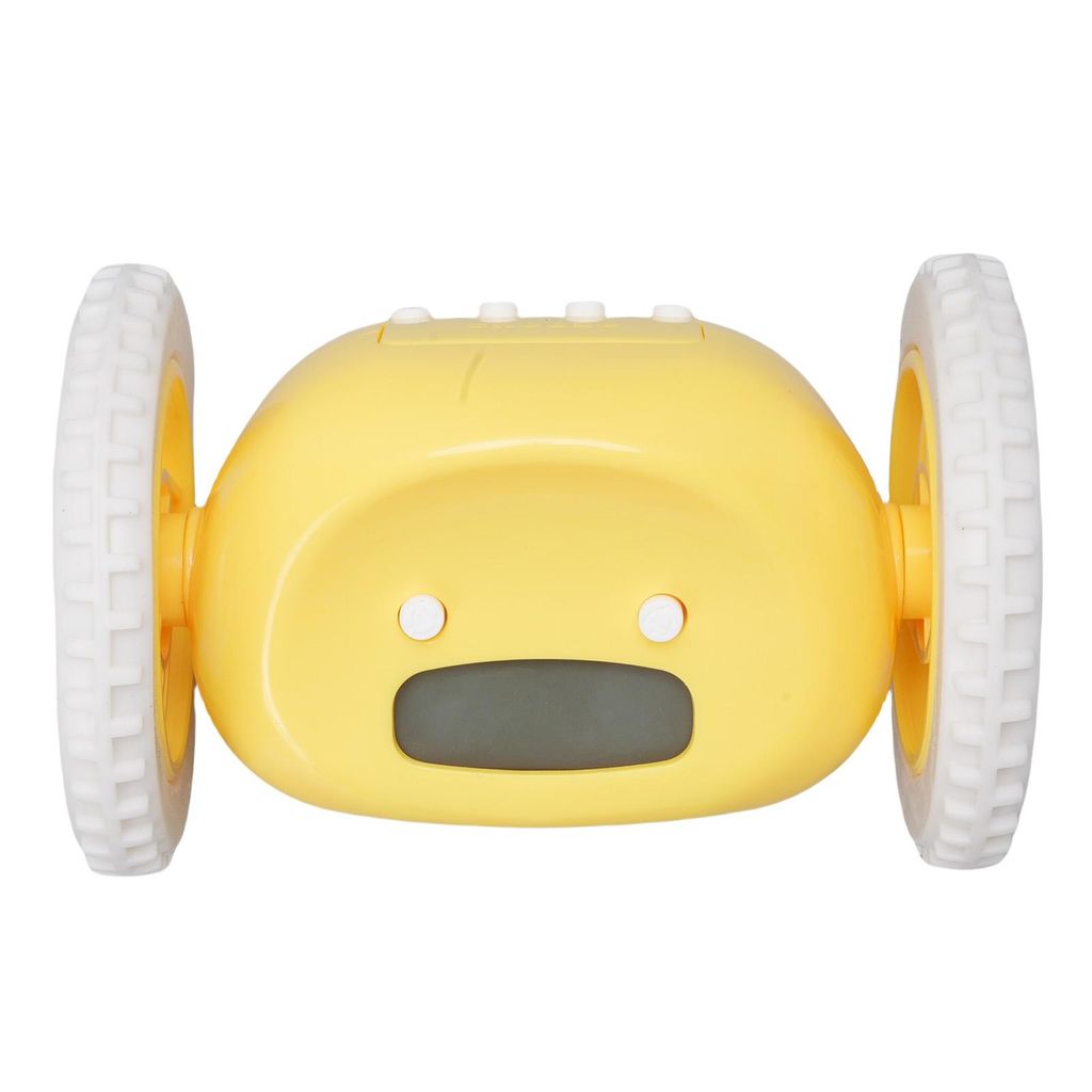 A yellow alarm clock with wheels is shown against a white background.